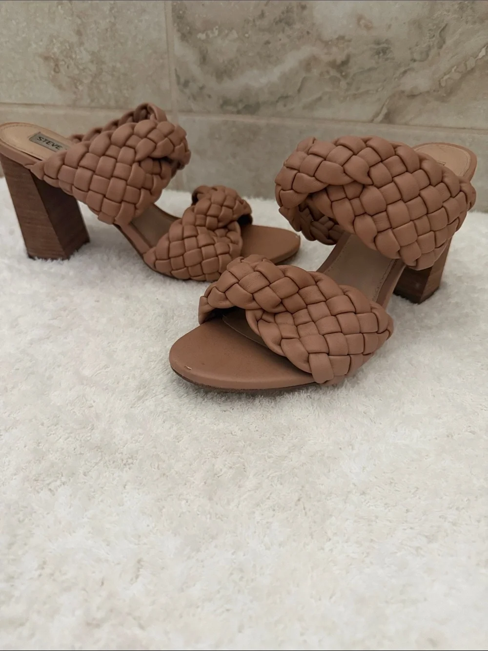 Steve Madden Braided Two-Band Block Heel Sandals in Tan